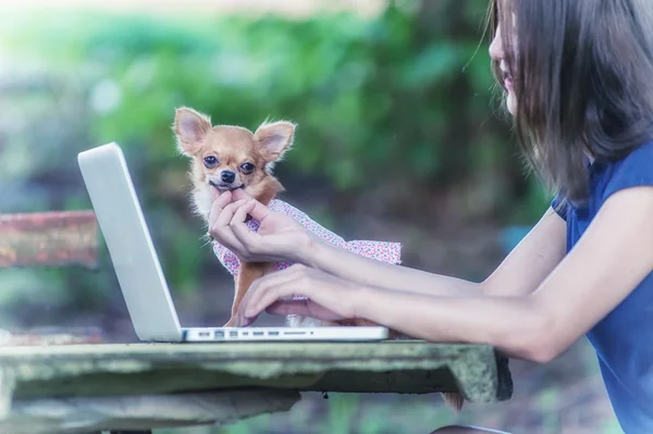 Young happy woman with her dog and laptop