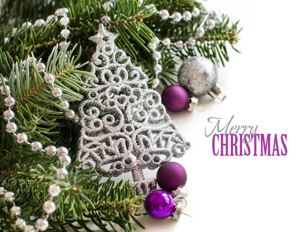 Silver and purple Christmas ornaments border