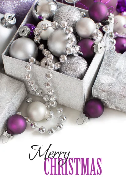 Silver and purple Christmas ornaments border