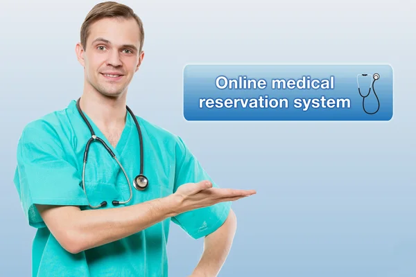Healthcare, profession, symbols, people and medicine concept - smiling male doctor  in coat over blue background with medical icons, online Medical Reservation system