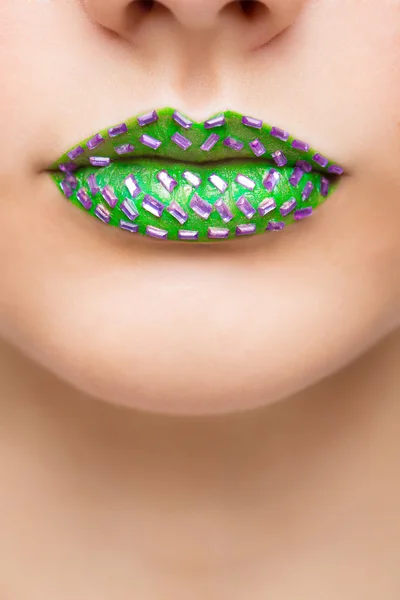 Fashion Green Sexy Lips and Closeup. Make up concept.