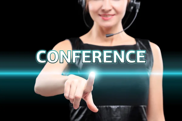Businesswoman, Focus on hand pressing conference button. virtual screens, technology, internet concept.