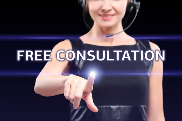 Technology, internet and networking concept - businesswoman pressing free consultation button on virtual screens