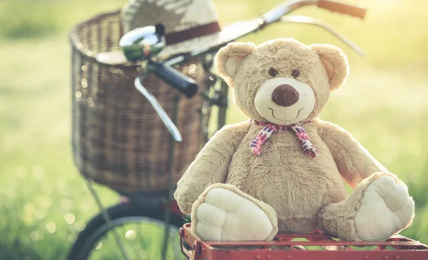 Lovely brown teddy bear in rattan basket on red vintage bike in