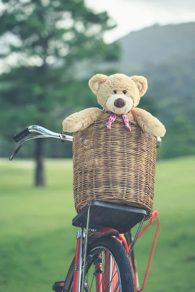 Lovely brown teddy bear in rattan basket on vintage bike in gree