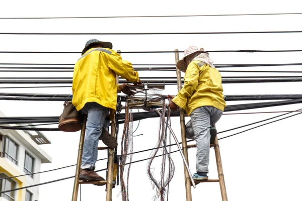 Worker on bamboo ladder is repairing telephone line