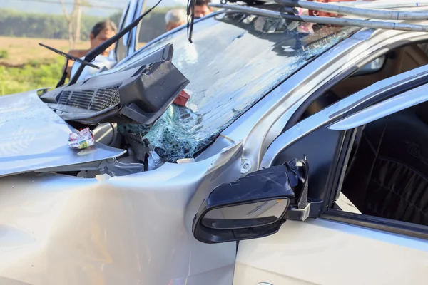 Car accident on the road and crashed into a concrete bridge which causing the driver serious injury. june 27, 2014 in phang nag thailand.