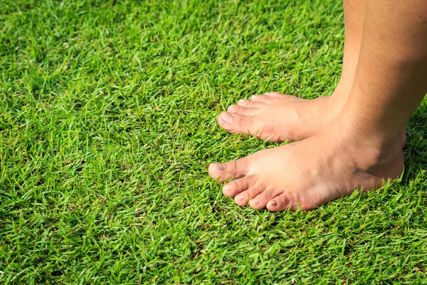 Foot step on green grass