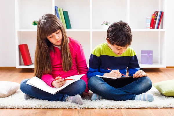 Girl and little boy are doing their homework