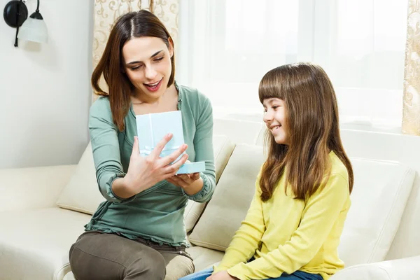 Mother and daughter on sofa