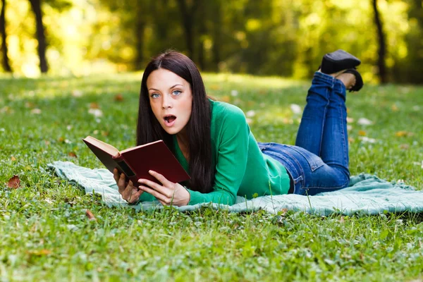 Woman in park reading book
