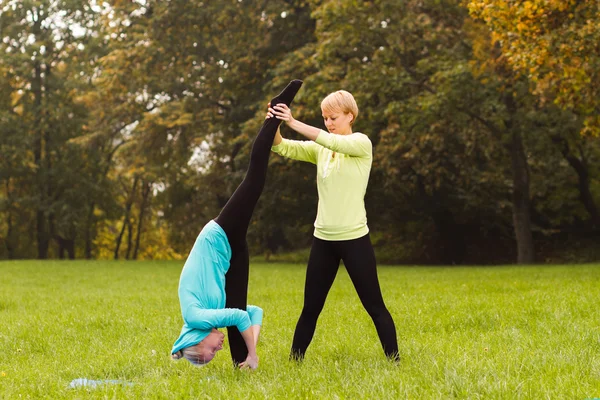 Friends practicing yoga in park