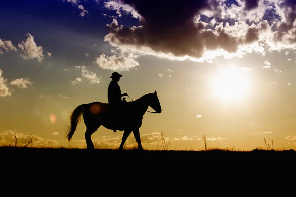 Ranch hand on horse at sunset