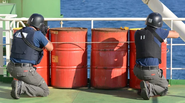 OPEN SEA / ON BOARD A SHIP / INDIAN OCEAN - JANUARY 28, 2015. Exercise of Armed Piracy Security Team on board of ship.