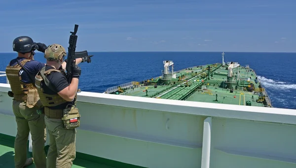 OPEN SEA / ON BOARD A TANKER / INDIAN OCEAN - FEBRUARY 15, 2015. Exercise of Armed Piracy Security Team on board of ship.