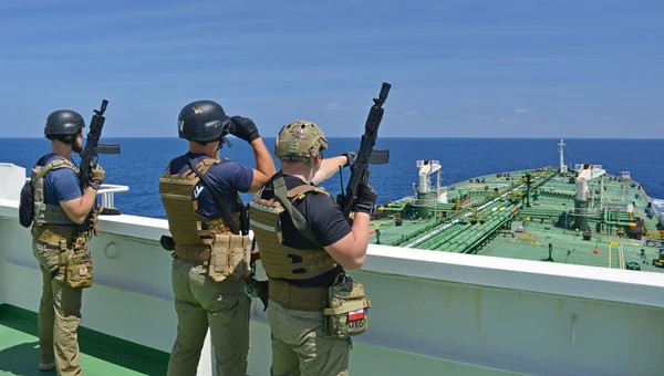OPEN SEA / ON BOARD A TANKER / INDIAN OCEAN - FEBRUARY 15, 2015. Exercise of Armed Piracy Security Team on board of ship.