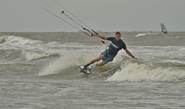 PRIAZOVSKIY, EYSK / RUSSIA - SEPTEMBER 12, 2015. Kite surfing in Azov sea.