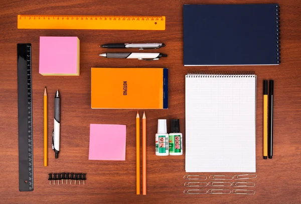 Office desk with glasses pen pencil ruler and other office items