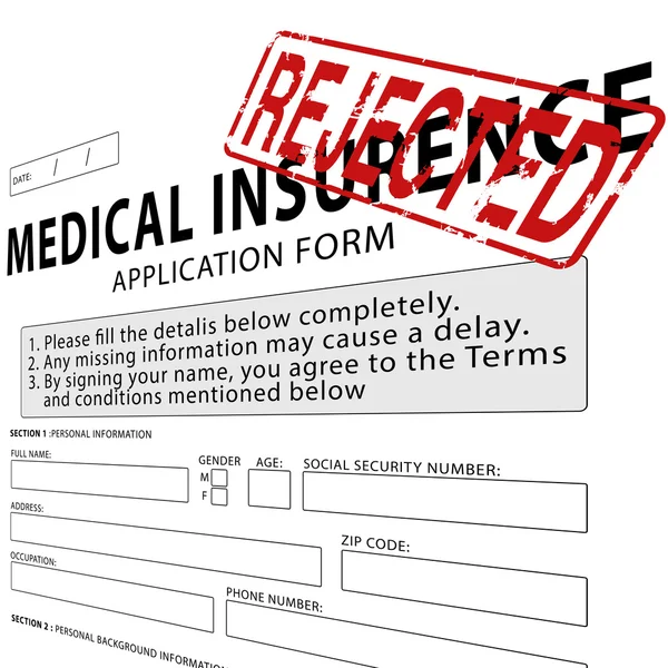 Medical insurance application form with red rejected rubber stamp