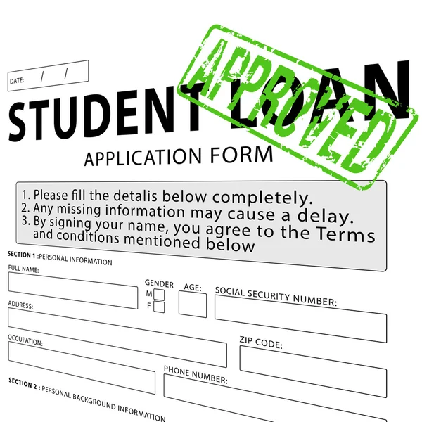 Student loan application form with green approved rubber stamp