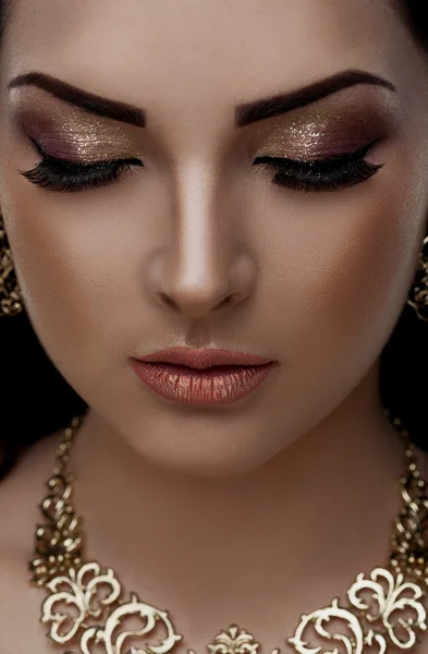 Studio, face, closed eyes, close up, necklace and earrings