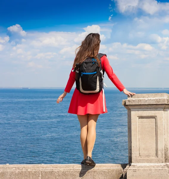 K_S_P. back haired woman red dress backpack blue sea