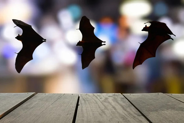 Terrace wood and bats flying in sky with bokeh of city lighting