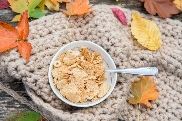 Healthy breakfast in nature with fall leafs