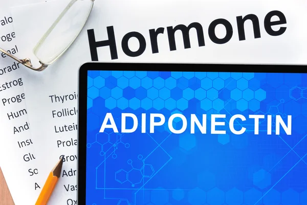 Papers with hormones list and tablet with words Adiponectin .