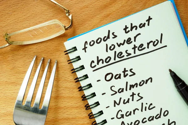 Paper with foods that lower cholesterol list on a wooden board.