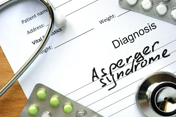 Diagnostic form with diagnosis Asperger syndrome and pills.