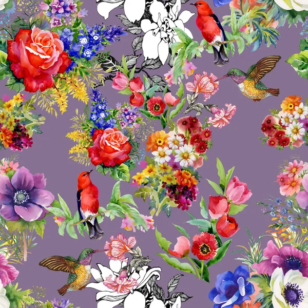 Birds with garden flowers