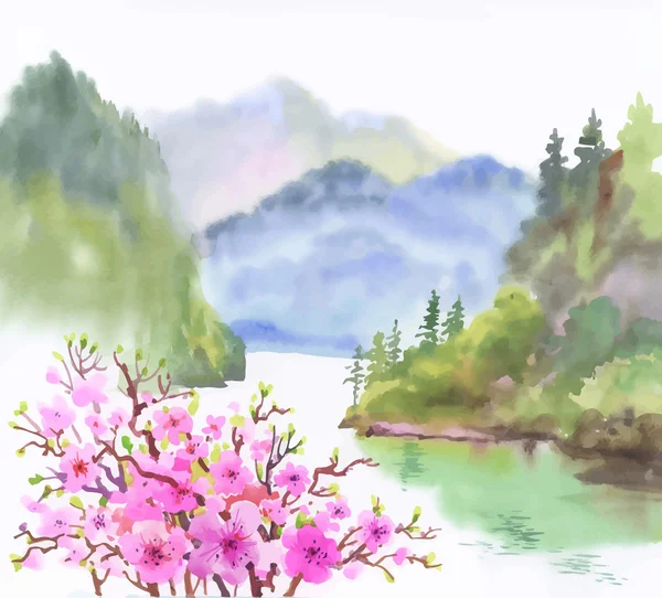 Watercolor landscape of river with flowers