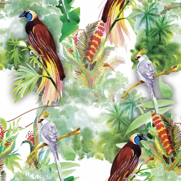 Watercolor Wild exotic birds on flowers seamless pattern on white background