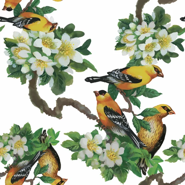 Watercolor Wild exotic birds on flowers seamless pattern on white background