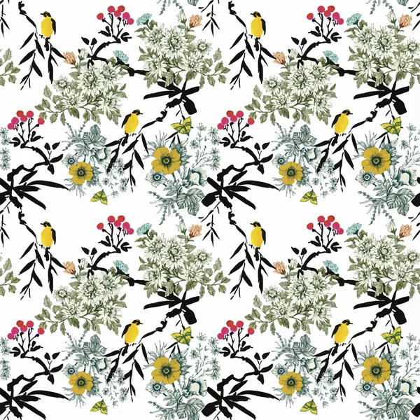 Watercolor Wild exotic birds on flowers seamless pattern on white background