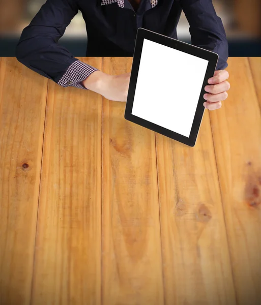 Hands holding and pointing on contemporary tablet