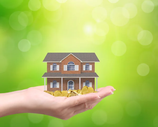 Businessman holding home model and coins