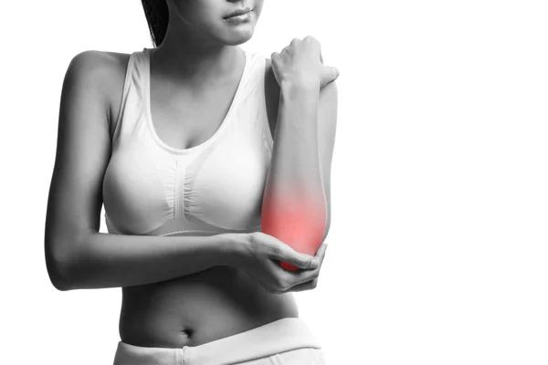 Health care, fitness and medicine - sporty woman with pain in elbow,isolated on white background with clipping path