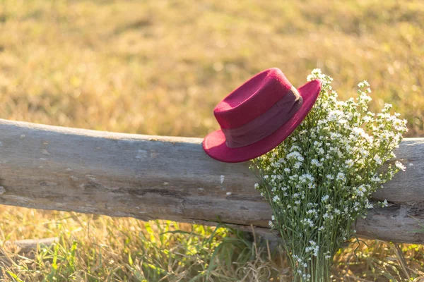 Red hat and white flowers