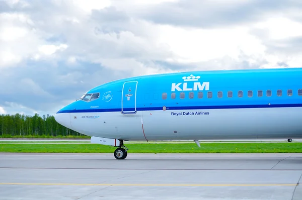 KLM Royal Dutch Airlines Boeing 737 Next Gen airplane is riding on the runway after arrival at Pulkovo International airport in Saint-Petersburg, Russia