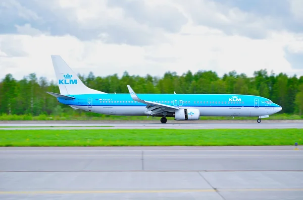 KLM Royal Dutch Airlines Boeing 737 Next Gen airplane rides on the runway after arrival at Pulkovo International airport in Saint-Petersburg, Russia