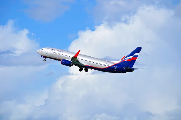 Aeroflot Airlines Boeing 737 Next Gen airplane is flying above after departure from Pulkovo International airport in Saint-Petersburg, Russia