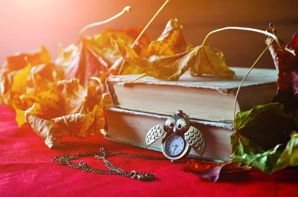 Vintage autumn still life - old books with clocks near dry maple leaves