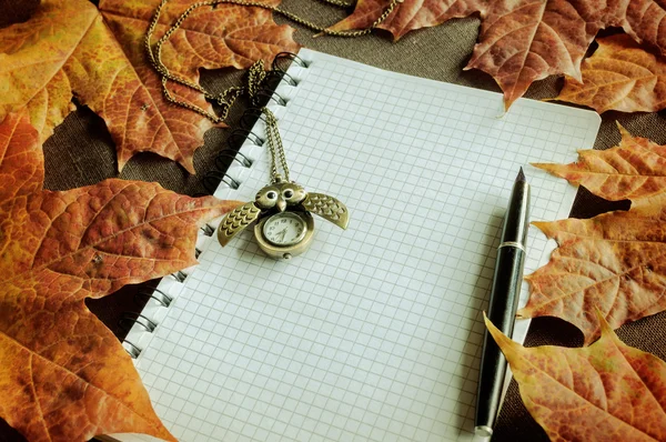 Vintage autumn still life - old books with clocks near autumn dry maple leaves