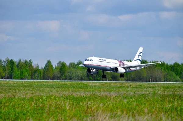Aegean Airlines Airbus A320 aircraft is riding on the runway after arrival at Pulkovo International airport in Saint-Petersburg, Russia