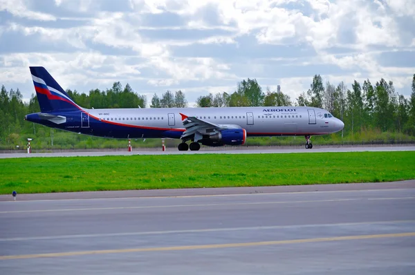 Aeroflot Airbus A321 airplane is riding on the runway after arrival at Pulkovo International airport in Saint-Petersburg, Russia