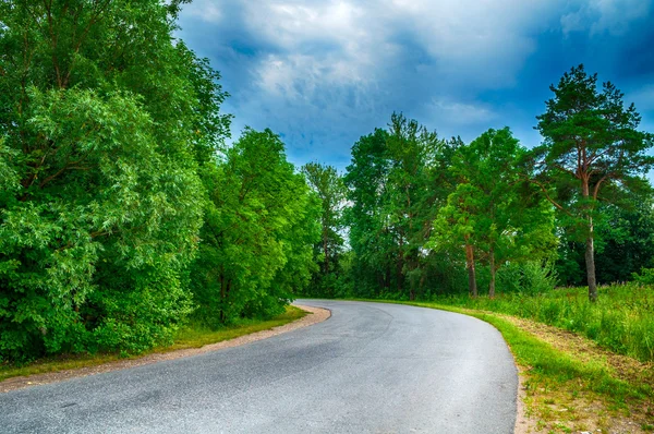 Summer landscape in cloudy weather - deserted suburban road receding into the distance under dramatic cloudy sky.