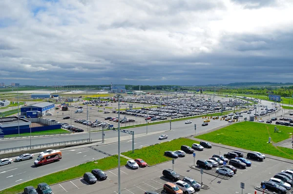 Aerial view of airport auto crowded parking lot in Pulkovo International airport in Saint Petersburg, Russia