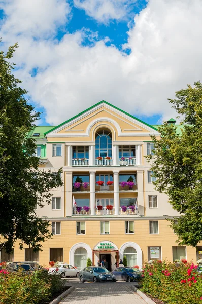 The main facade of the four stars Volkhov Hotel building in Veliky Novgorod, Russia